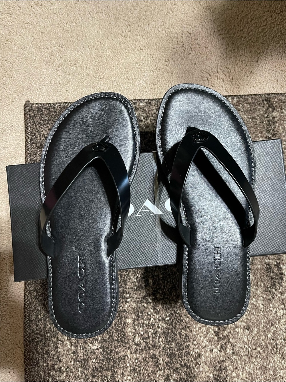 Coach Black Glossy Leather Flip Sandals